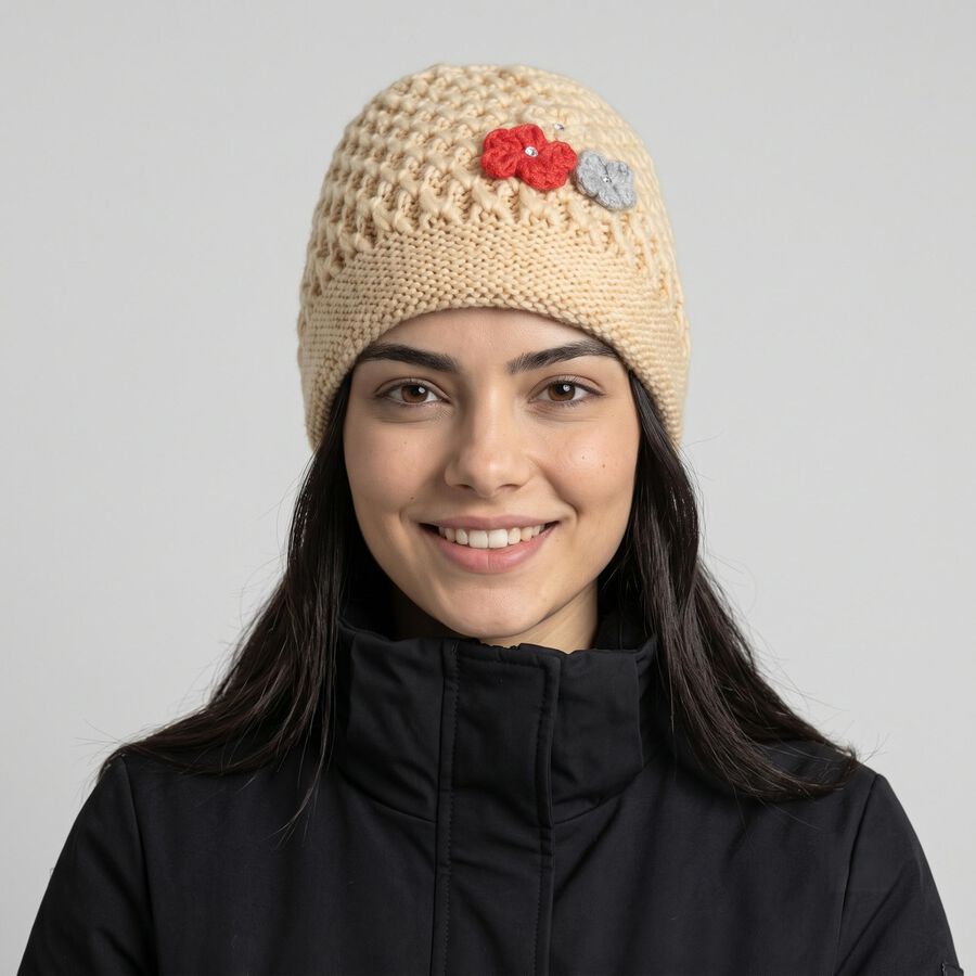 Women's Beige Floral Embellished Beanie Cap, गहरा पीला, large