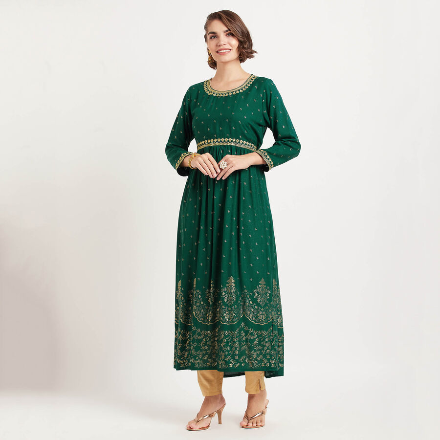 3/4Th Sleeves Flared Kurta, Dark Green, large image number null