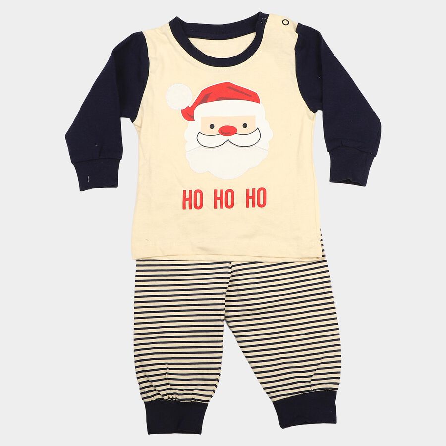 Infants' Beige 100% Cotton Round Neck Santa Graphic Print Baba Suit, Beige, large