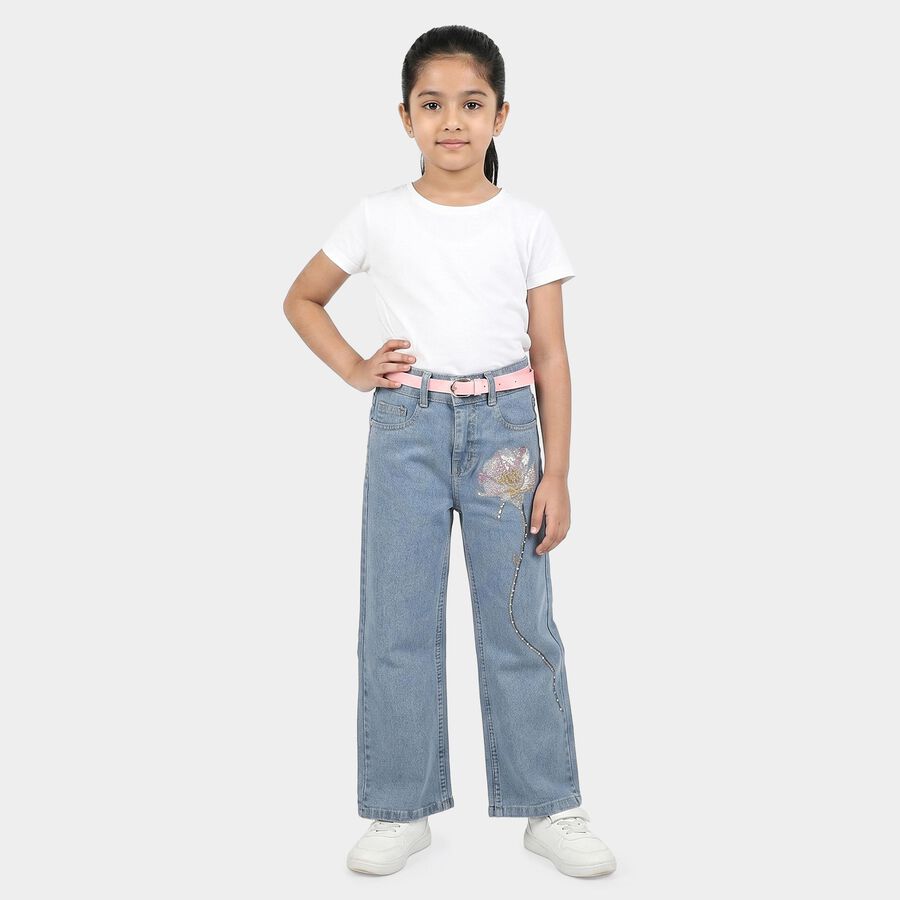 Girls' Light Blue Wide Leg Embroidered Jeans, हल्का नीला, large