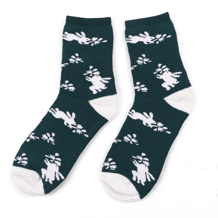 Women's Dark Green Regular Fit Rabbit Motif Ankle-Length Socks, गहरा हरा, large