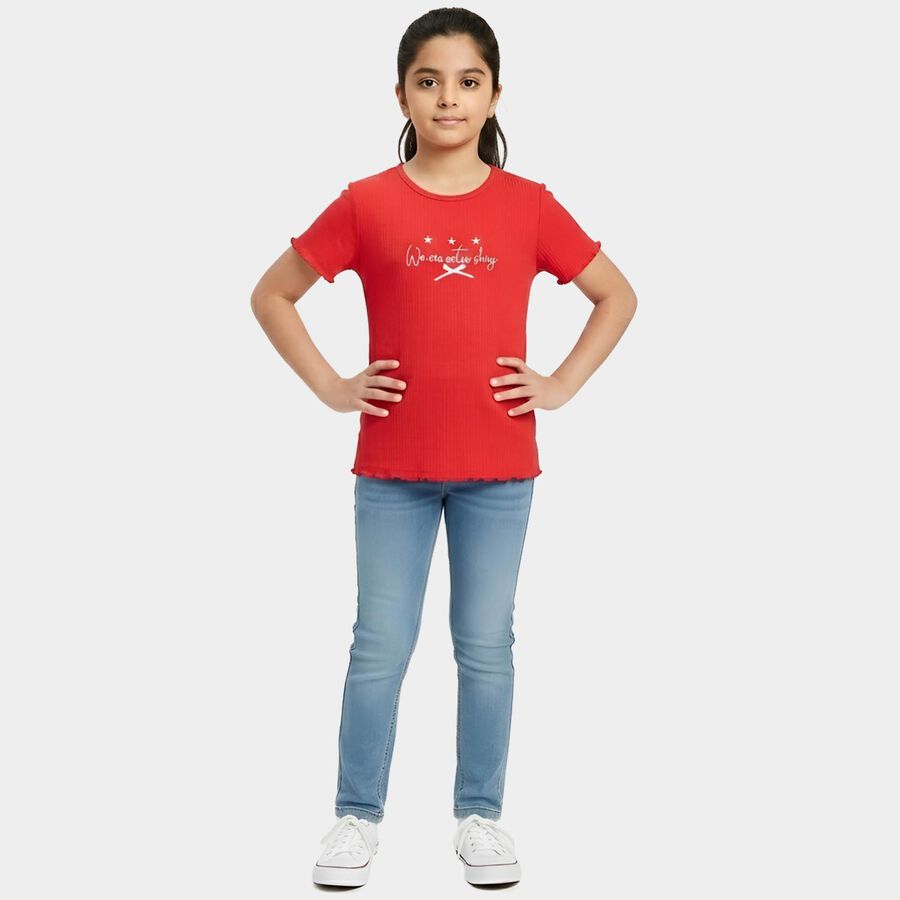 Girls' Fuchsia Cotton Blend Crew Neck Graphic T-Shirt, रानी (फ्यूशिया), large