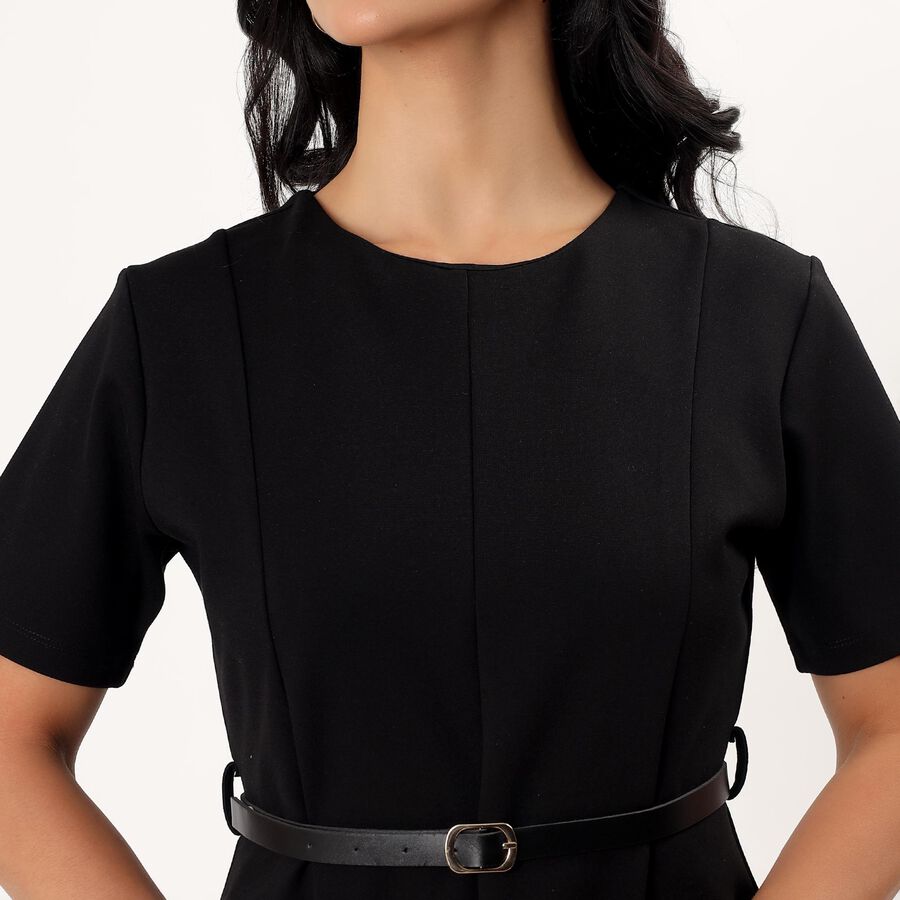 Women's Black V-Neck A-Line Dress, Black, large