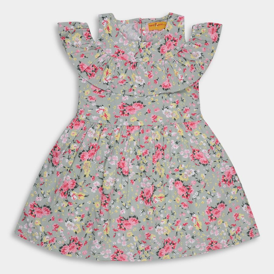 Girls' 100% Cotton Frock, हल्का हरा, large
