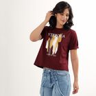 Women's Deep Maroon Round Neck Printed T-Shirt, वाइन, small image number null
