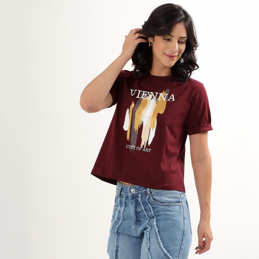 Women's Deep Maroon Round Neck Printed T-Shirt, वाइन, large image number null