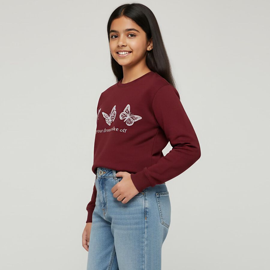 Girls Deep Burgundy Crew Neck Casual Sweatshirt, Wine, large image number null