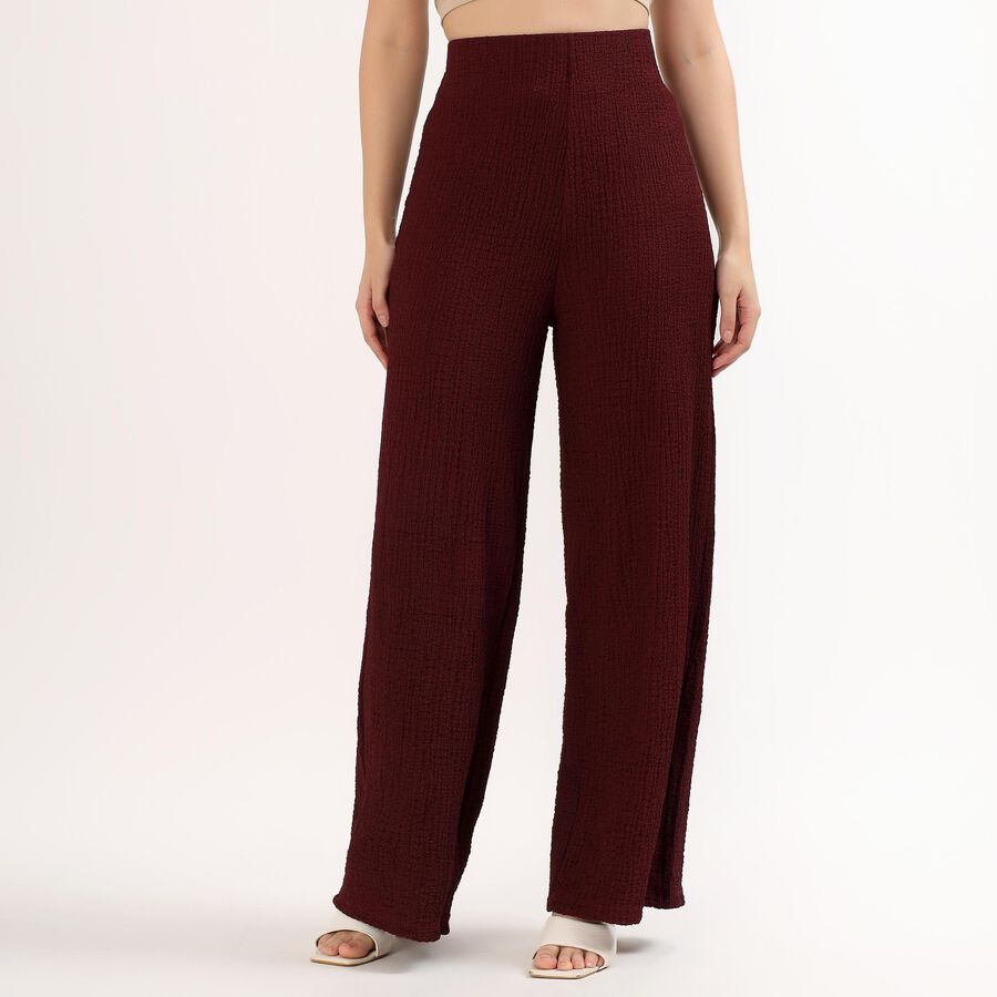 Women's Deep Maroon Wide-Leg Textured Track Pants, भूरा, large image number null