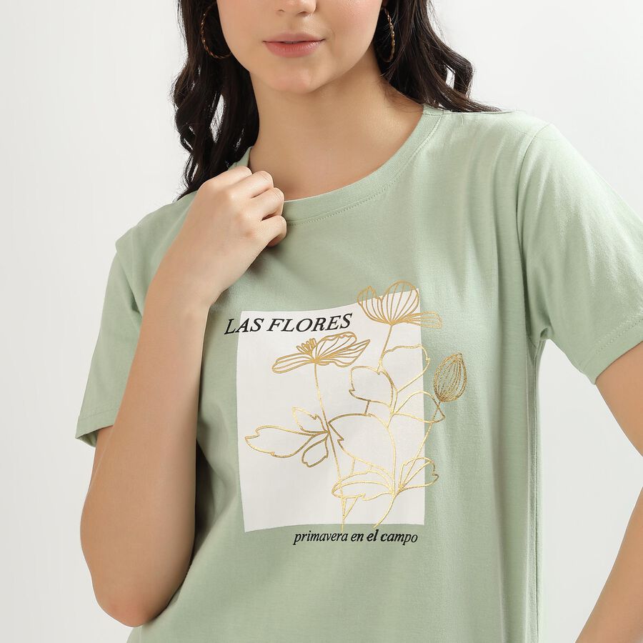 Women's Mint Green Cotton Round Neck T-Shirt, Light Green, large image number null