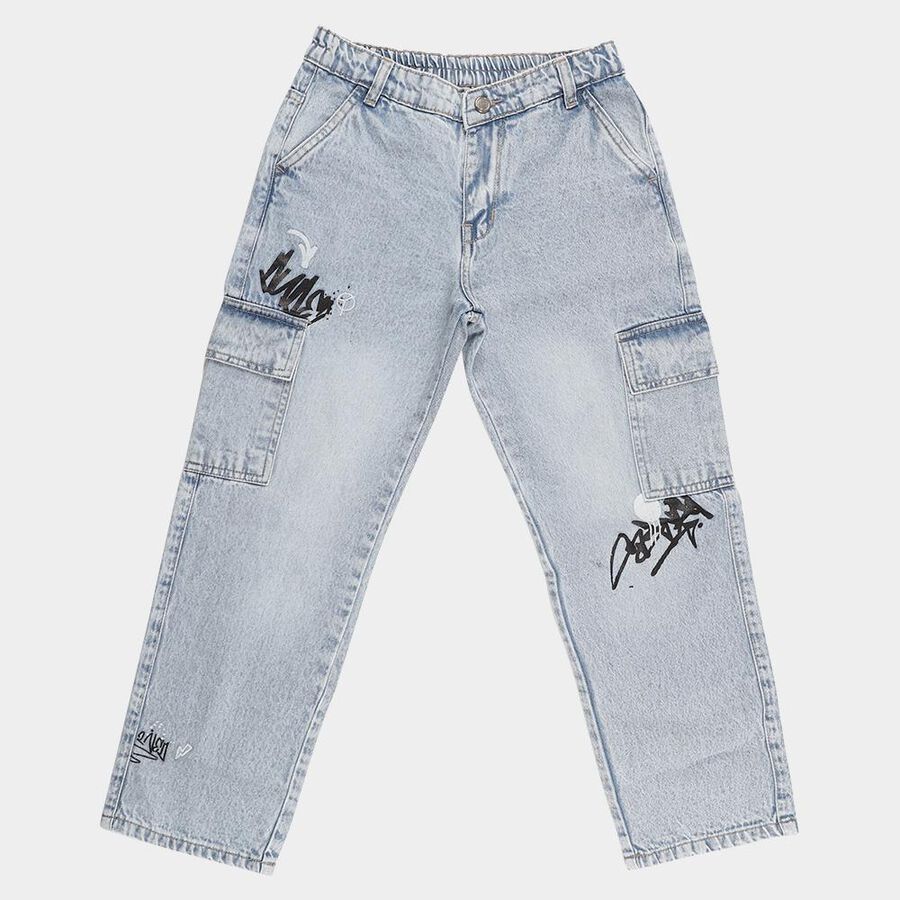 Boys' Light Wash Relaxed Fit Cargo Jeans, हल्का नीला, large image number null
