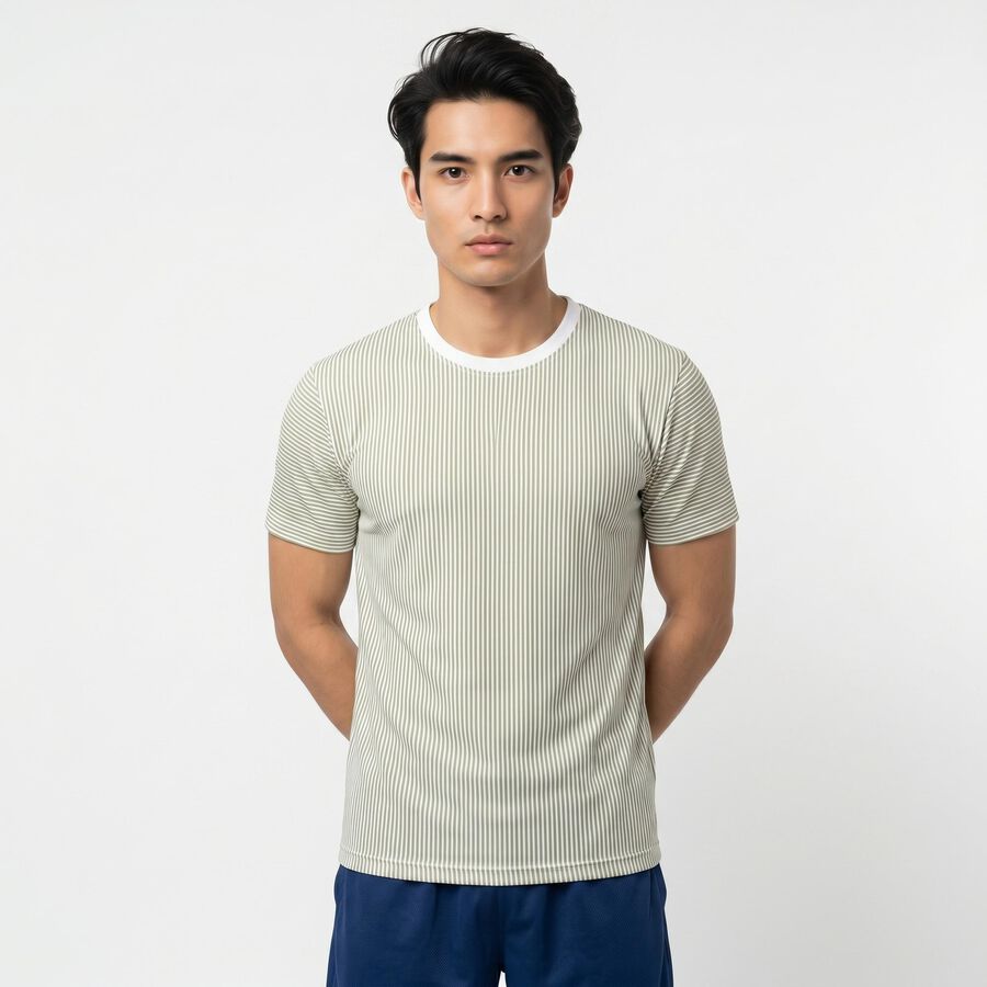 Men's Green Round Neck Striped Regular Drifit T-Shirt, Light Green, large