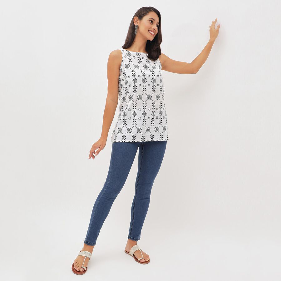 Women's Bright Snow White Cotton Round Neck Floral Printed Kurti, White, large image number null