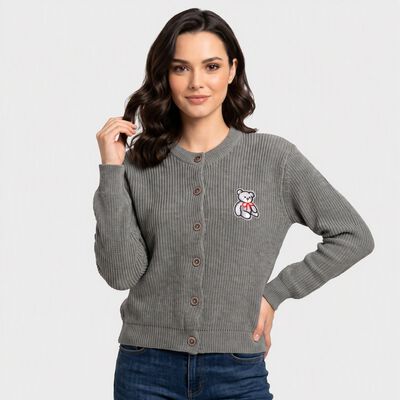 Women's Grey Round Neck Button-Front Cardigan