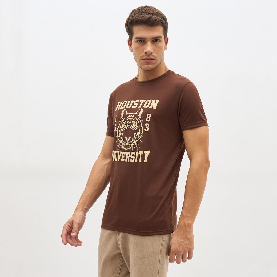 Men's Brown Round Neck Slim Fit Printed T-Shirt, Brown, large