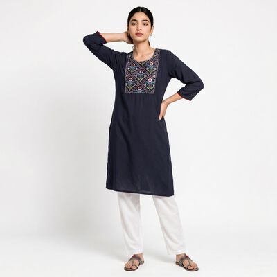 Women's Navy Blue Straight Solid Kurta