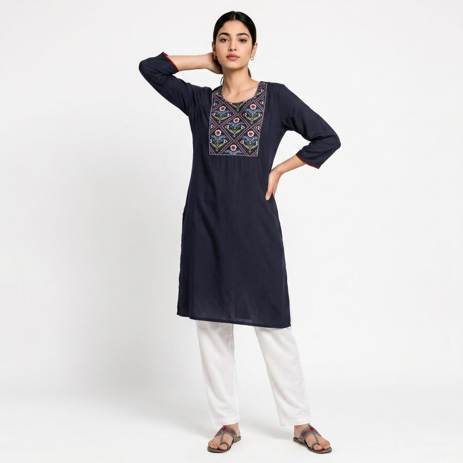 Women's Navy Blue Straight Solid Kurta, Navy Blue, large