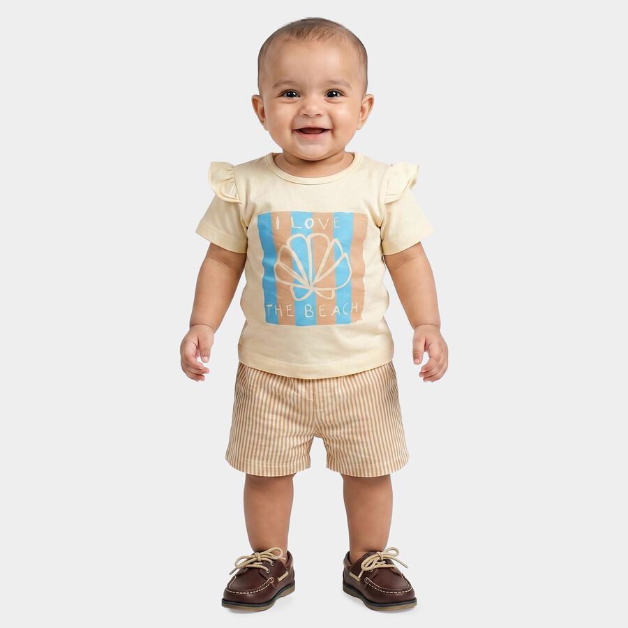 Infants Beige Cotton Crew Neck Short Set Upper and Bottom Set, Beige, large