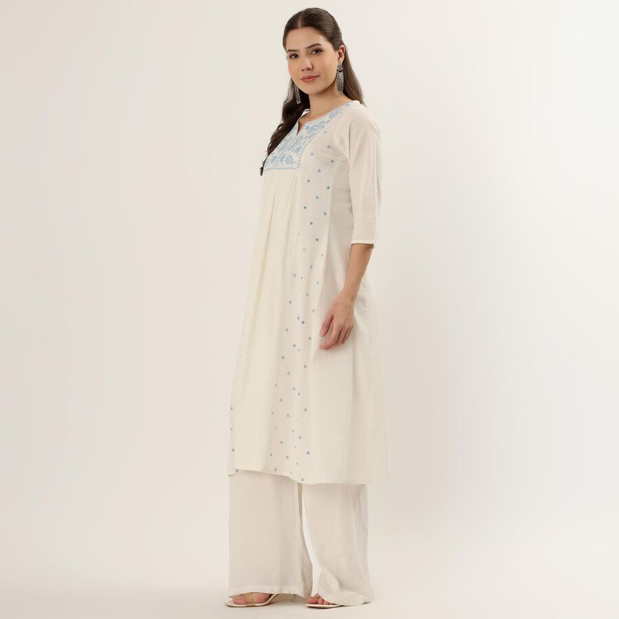 Women's White 100% Cotton Notch Neck Printed Kurta, Off White, large