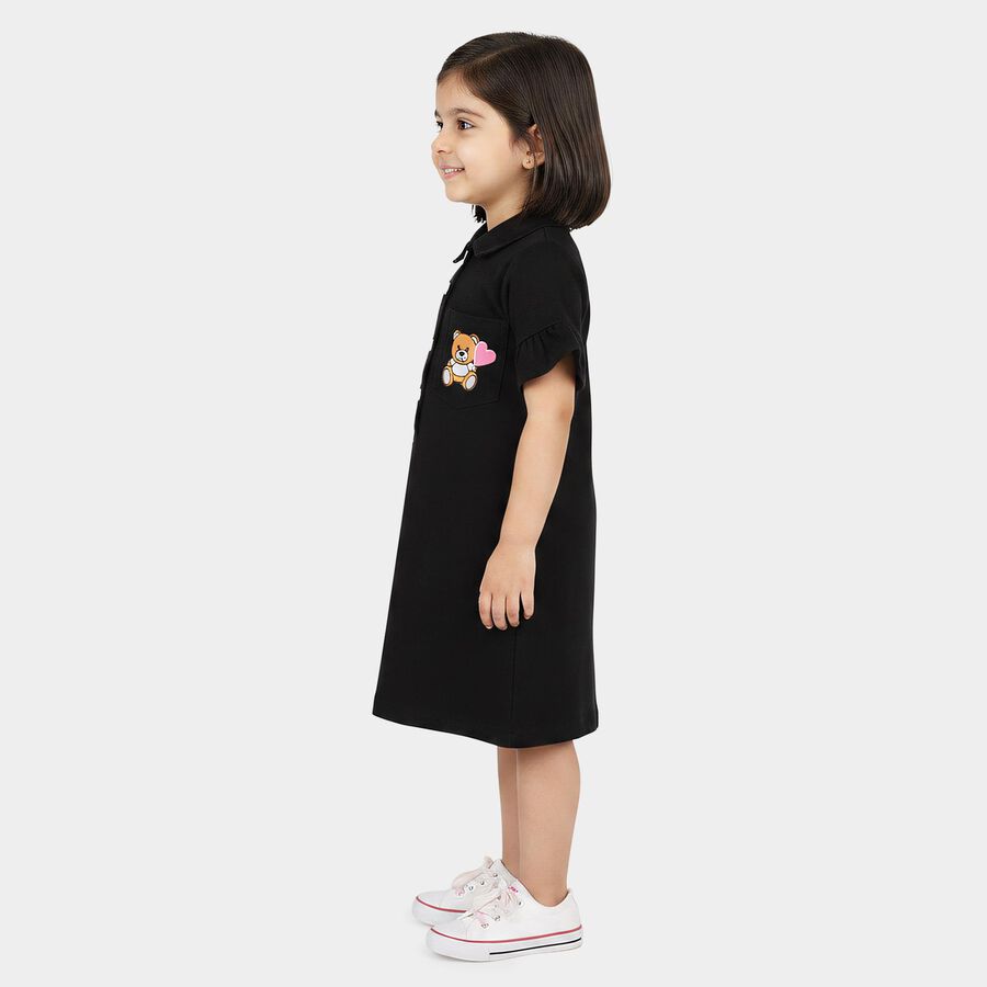 Girls' Black A-Line Teddy Print Shirt Collar Frock, Black, large