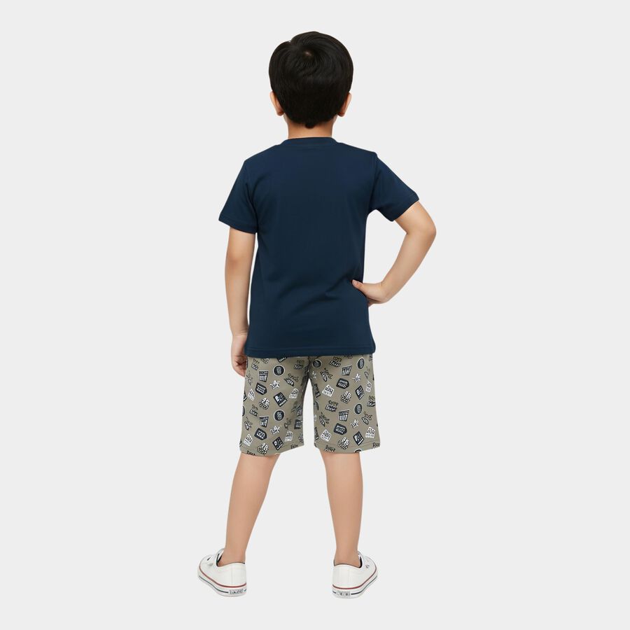 Boys Navy Blue 100% Cotton Mandarin Collar Anchor Printed Baba Suit, Teal Blue, large