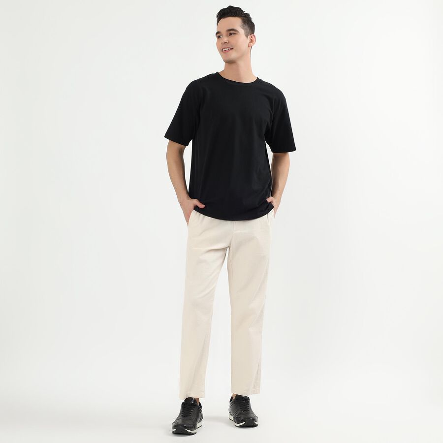 Men's Soft Beige Slim Fit Drawstring Casual Trousers, एक्रू मिश्रित, large image number null