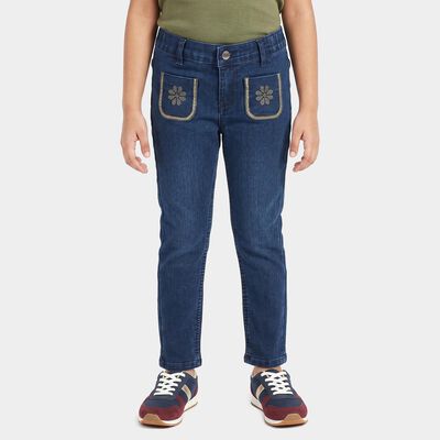 Girls' Navy Blue Straight Fit Embroidered Jeans