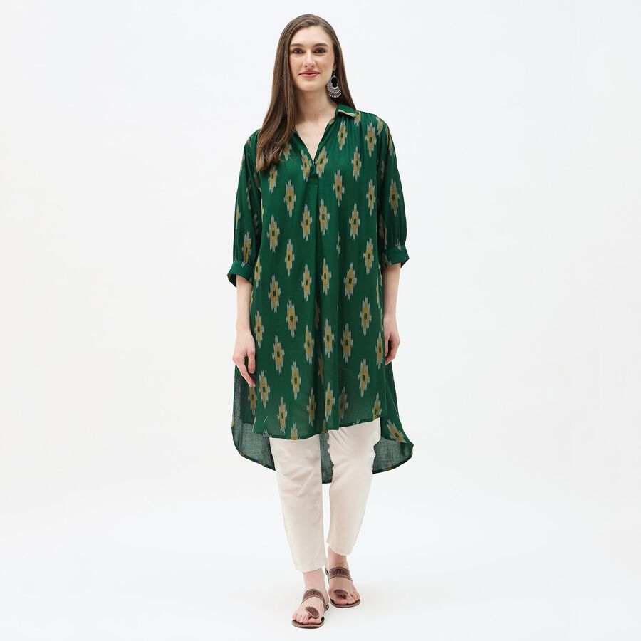 Women's Dark Green Mandarin Collar Straight Kurta, Dark Green, large