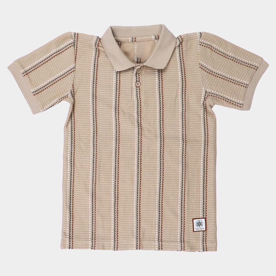 Boys Beige Polo Neck Striped Regular T-Shirt, गहरा पीला, large