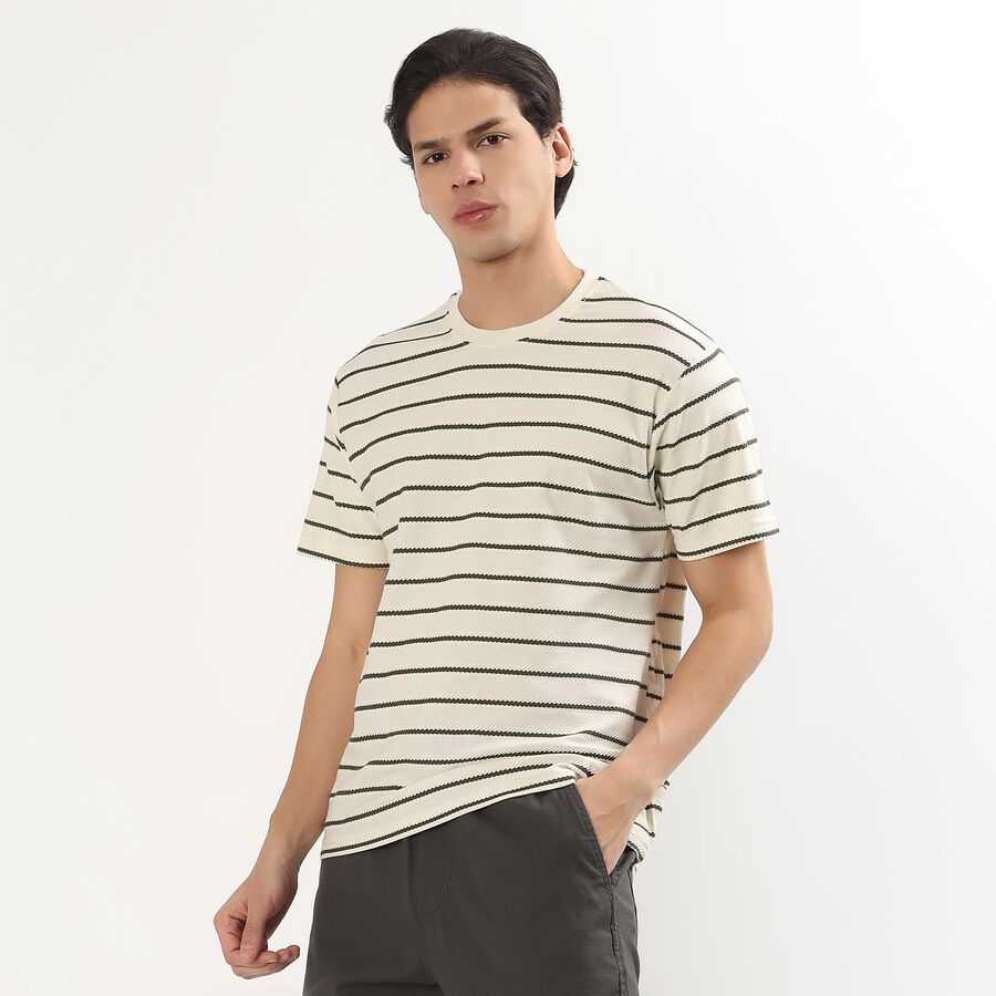 Men's Off White Round Neck Casual T-Shirt, Off White, large