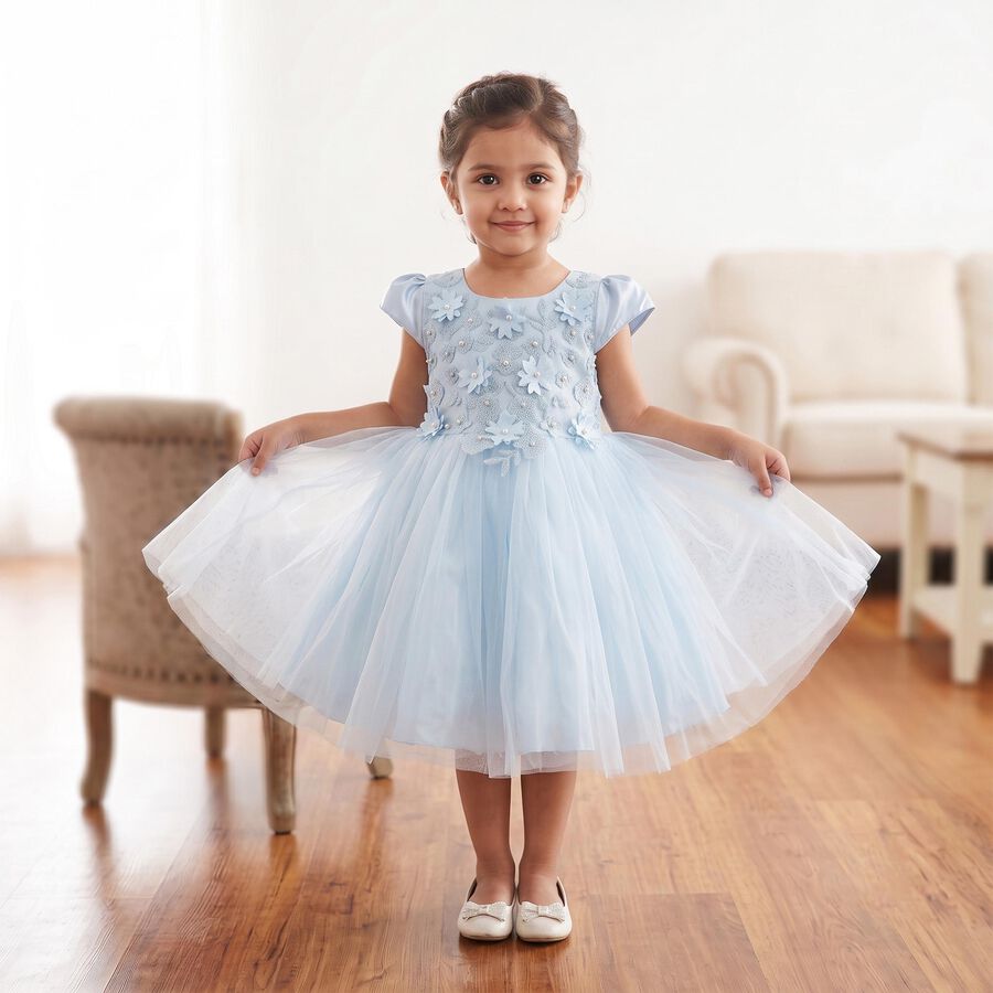 Girls' Light Blue Fit and Flare Floral Applique Party Wear Frock, हल्का नीला, large