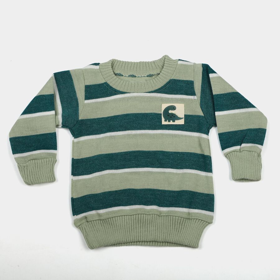 Infants' Olive Green Crew Neck Striped Pullover, ओलिव, large