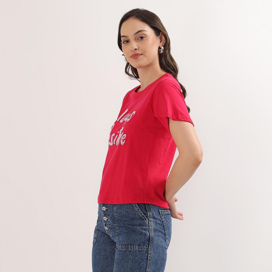 Women's Bright Fuchsia Cotton Round Neck Embellished T-Shirt, Fuchsia, large image number null