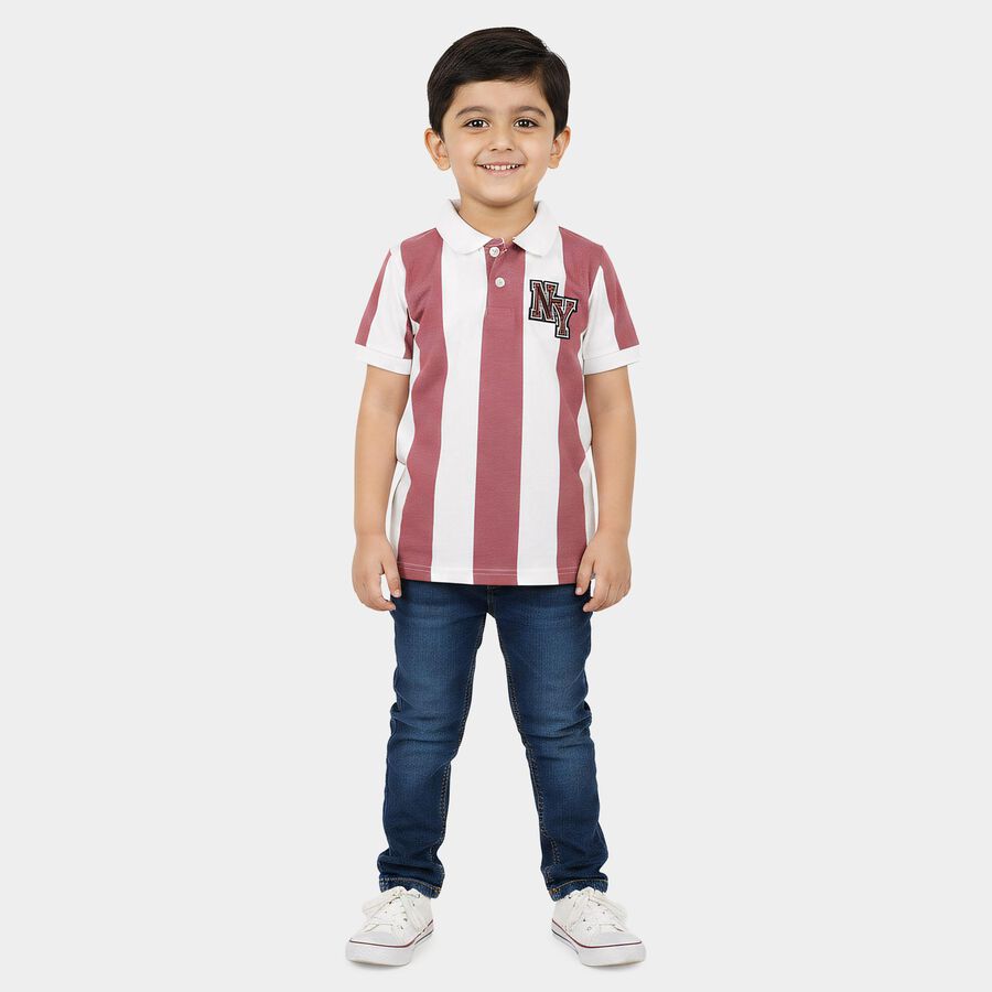 Boys Pink Cotton Polo Neck Striped T-Shirt, Pink, large