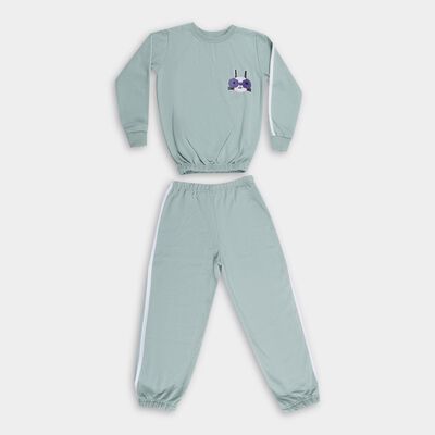 Girls Muted Sage Green Round Neck Casual Hipster Set