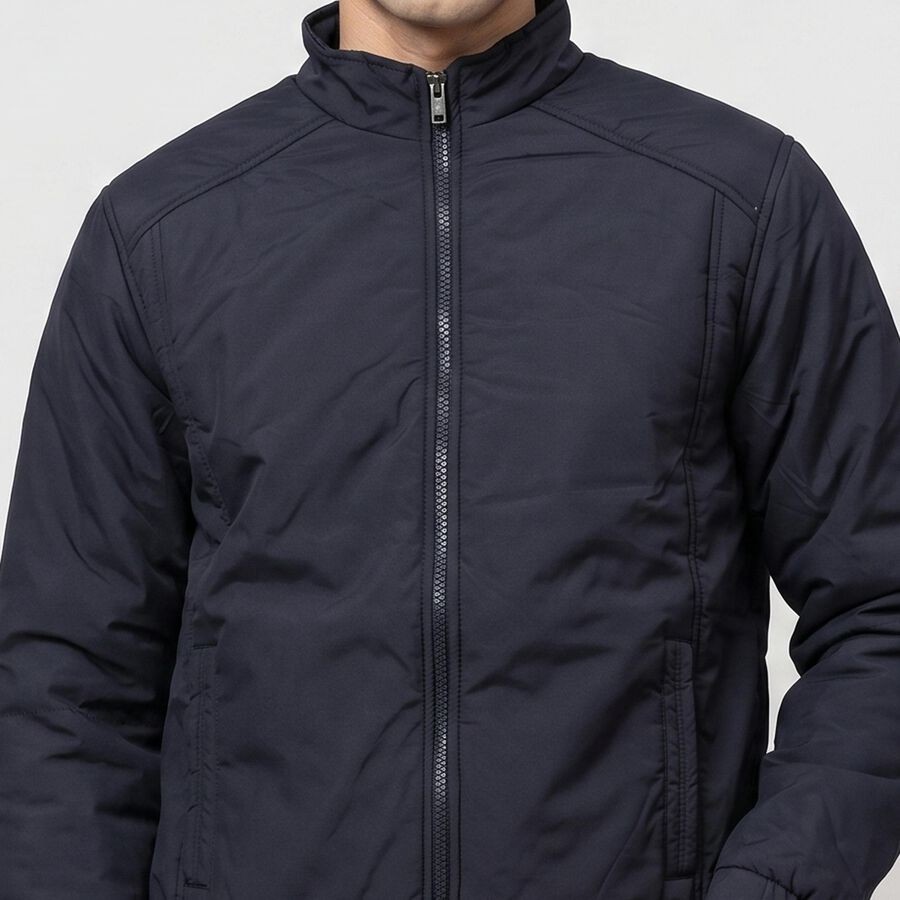 Men's Navy Blue Stand Collar Bomber Jacket, Navy Blue, large