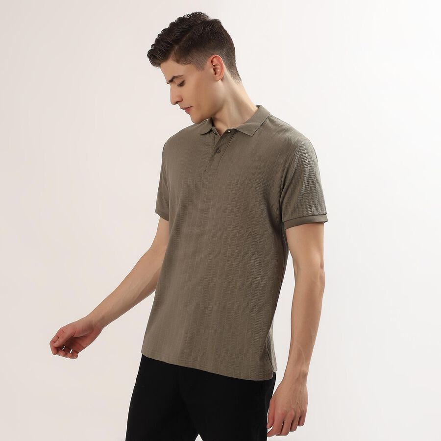 Men's Olive Polo Neck Textured T-Shirt, Olive, large