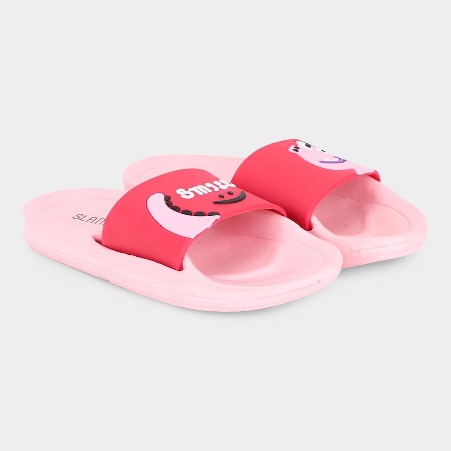 Kids Bright Pink Slip-On Cartoon Slippers, Pink, large image number null