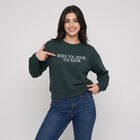 Women Green Crew Neck Graphic Print Sweatshirt, गहरा हरा, small