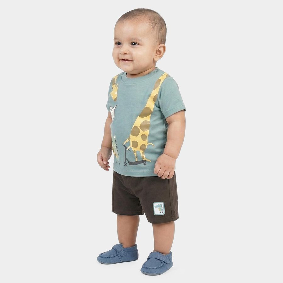 Infants' Light Blue 100% Cotton Round Neck Graphic Print Baba Suit, टील ब्लू, large