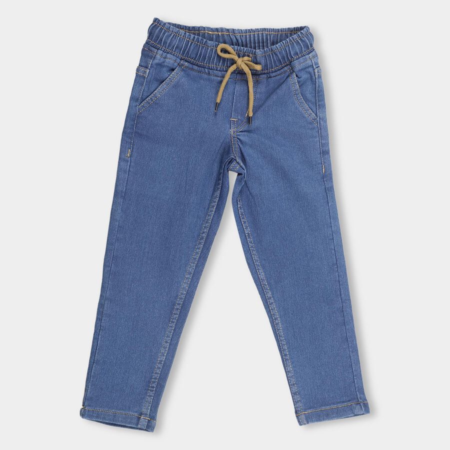 Boys' Stonewashed Blue Regular Fit Elastic Waist Jeans, मध्यम नीला, large image number null