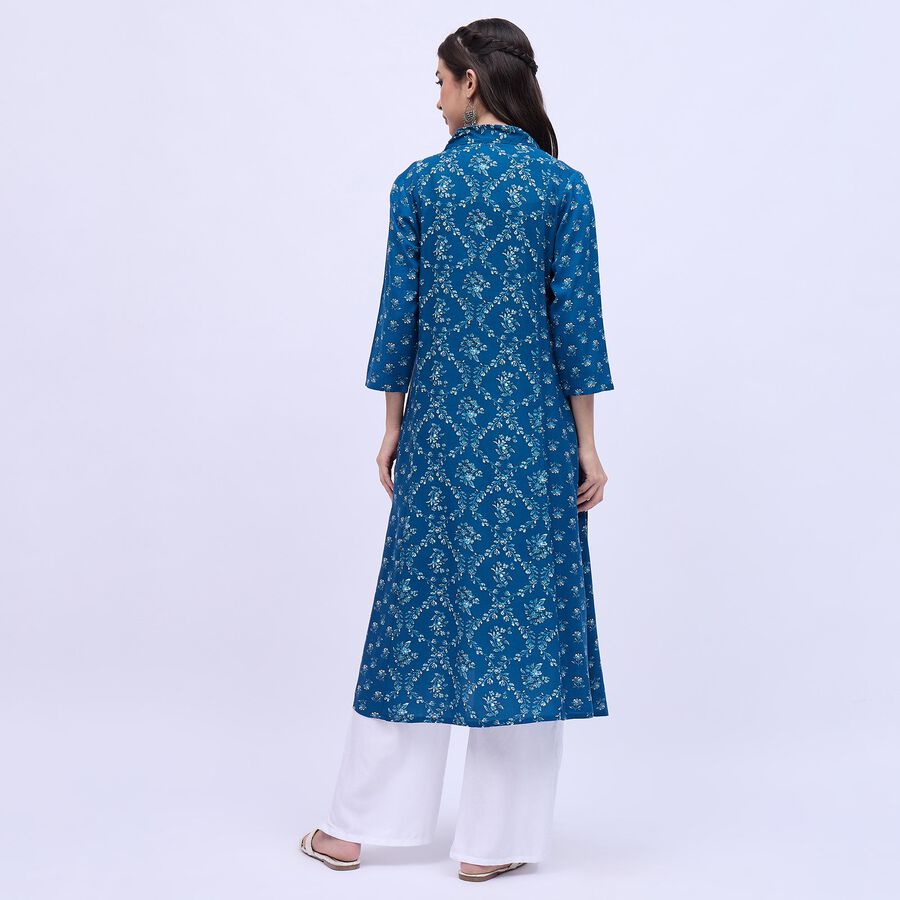 Women's Deep Peacock Blue V-Neck Floral Printed Kurta, Mid Blue, large image number null
