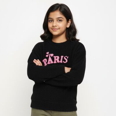 Girls' Jet Black Crew Neck Casual Pullover