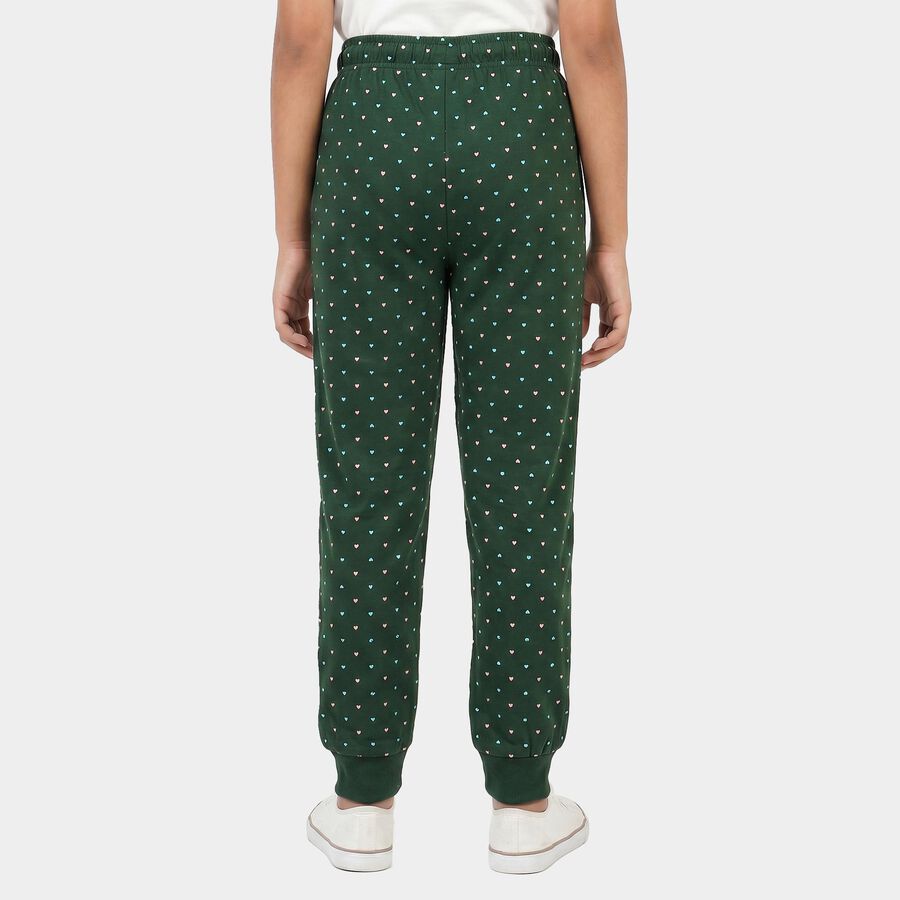 Girls Green Jogger Fit Heart Printed Cotton Blend Pyjama, Dark Green, large