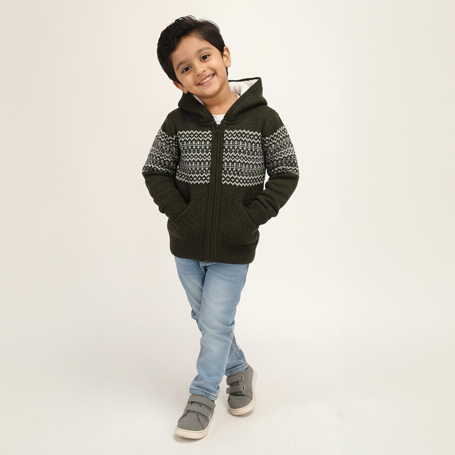 Boys Dark Olive Green Hooded Neck Casual Pullover, Olive, large image number null