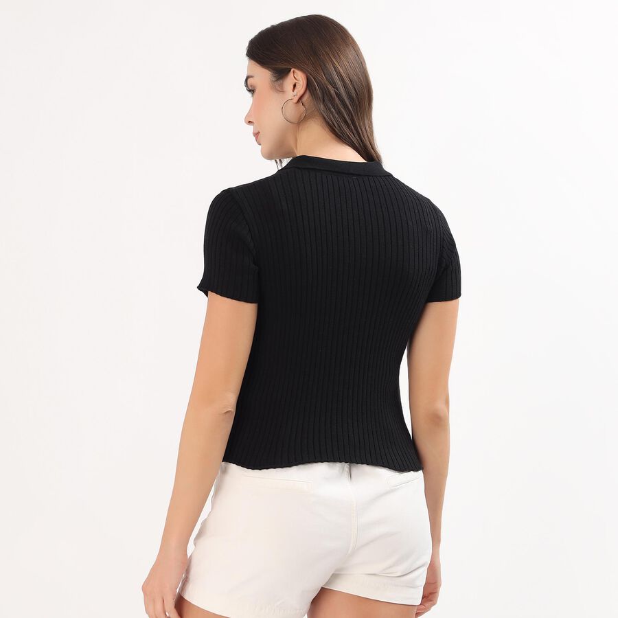 Women's Jet Black Cotton Round Neck Casual Top, Black, large