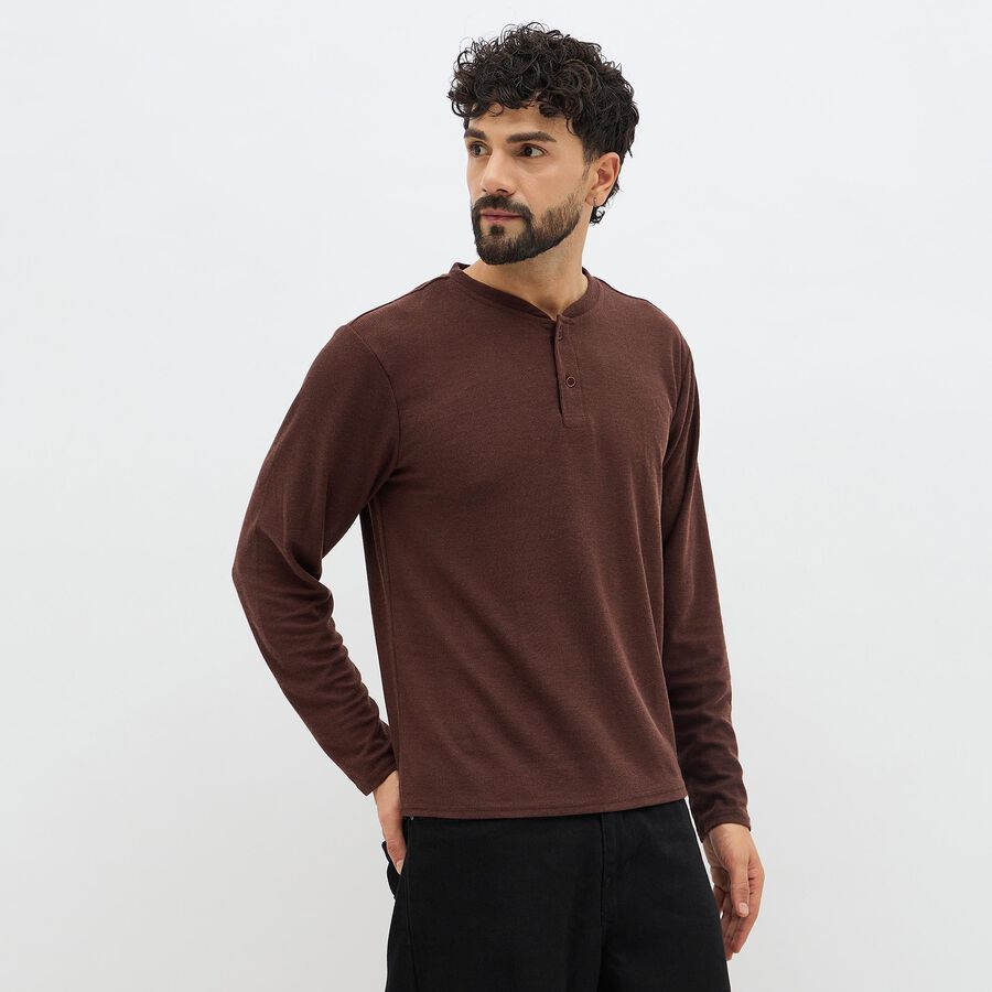 Men's Rich Brown Henley Neck Casual T-Shirt, Brown, large image number null