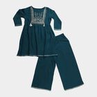 Girls' Dark Green Round Neck Printed Top and Pants Fusion Set, Dark Green, small