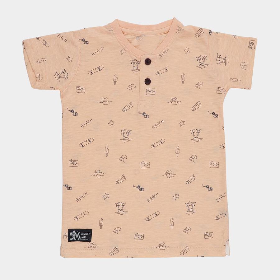 Boys Soft Peach Henley Neck Casual T-Shirt, Peach, large