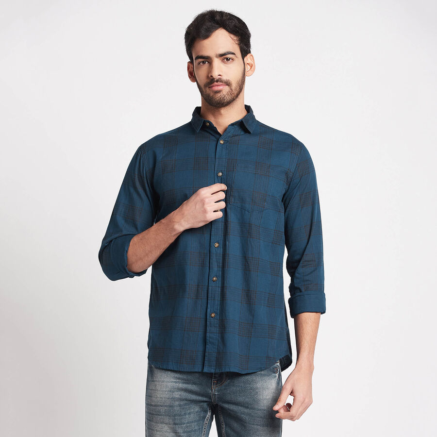 Cotton Checks Casual Shirt, Teal Blue, large image number null