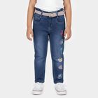 Girls' Blue Straight Fit Embroidered Jeans, Mid Blue, small